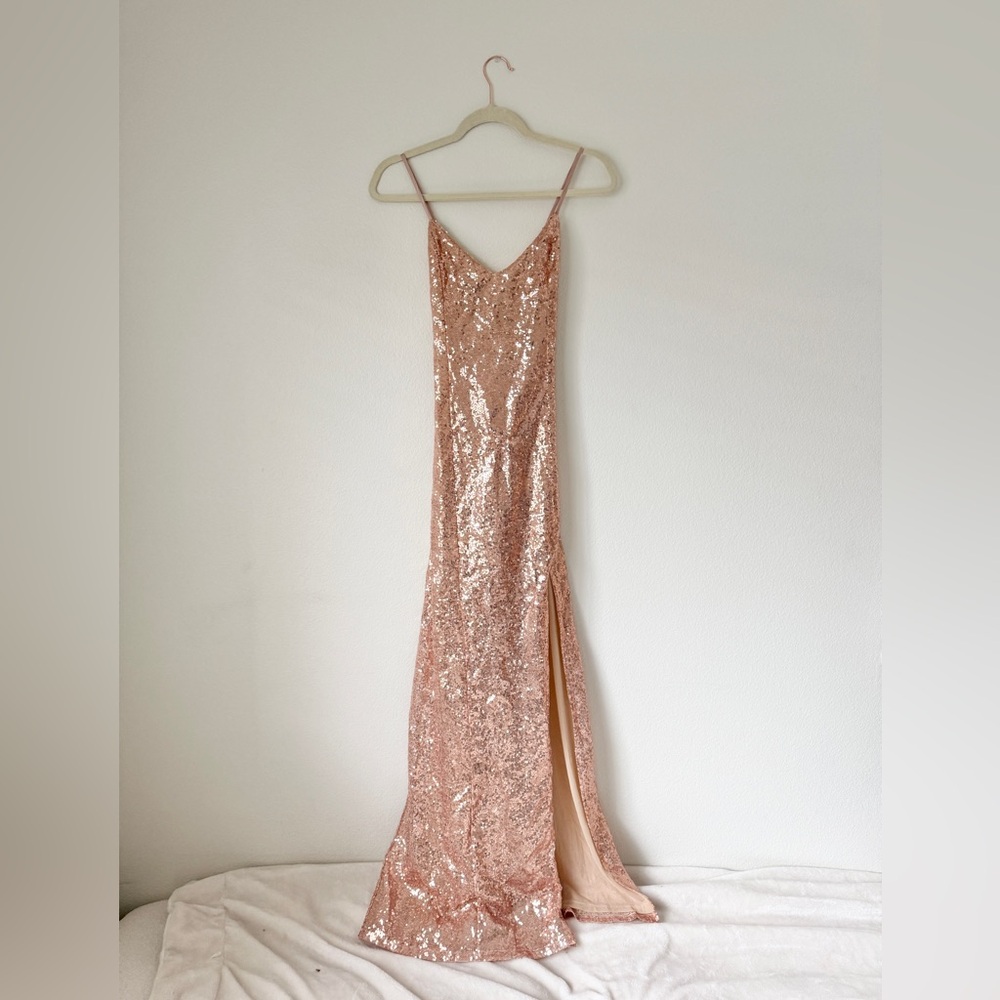 LUSH Sequin Prom Dress in Rose Gold